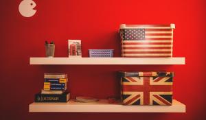 Shelves with a US flag box and a UK flag box