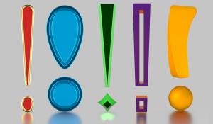 Five exclamation marks of different colours and styles